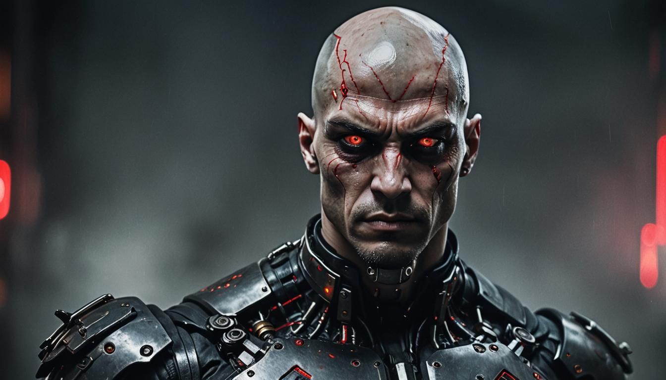 Cyberpunk Warrior Portrait with Metallic Augmentations