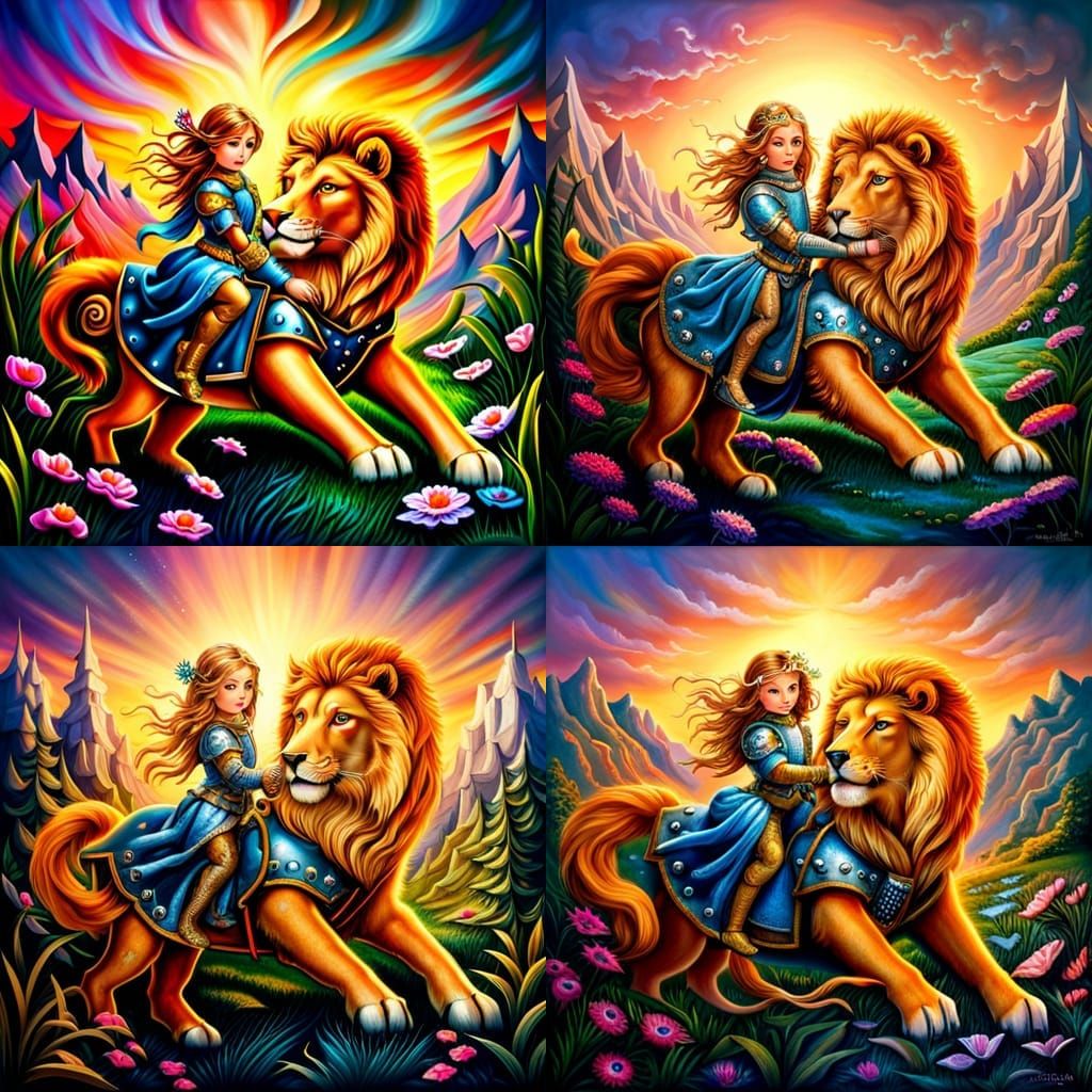 Adorable Girl Knight Rides Lion in Ornate Armor