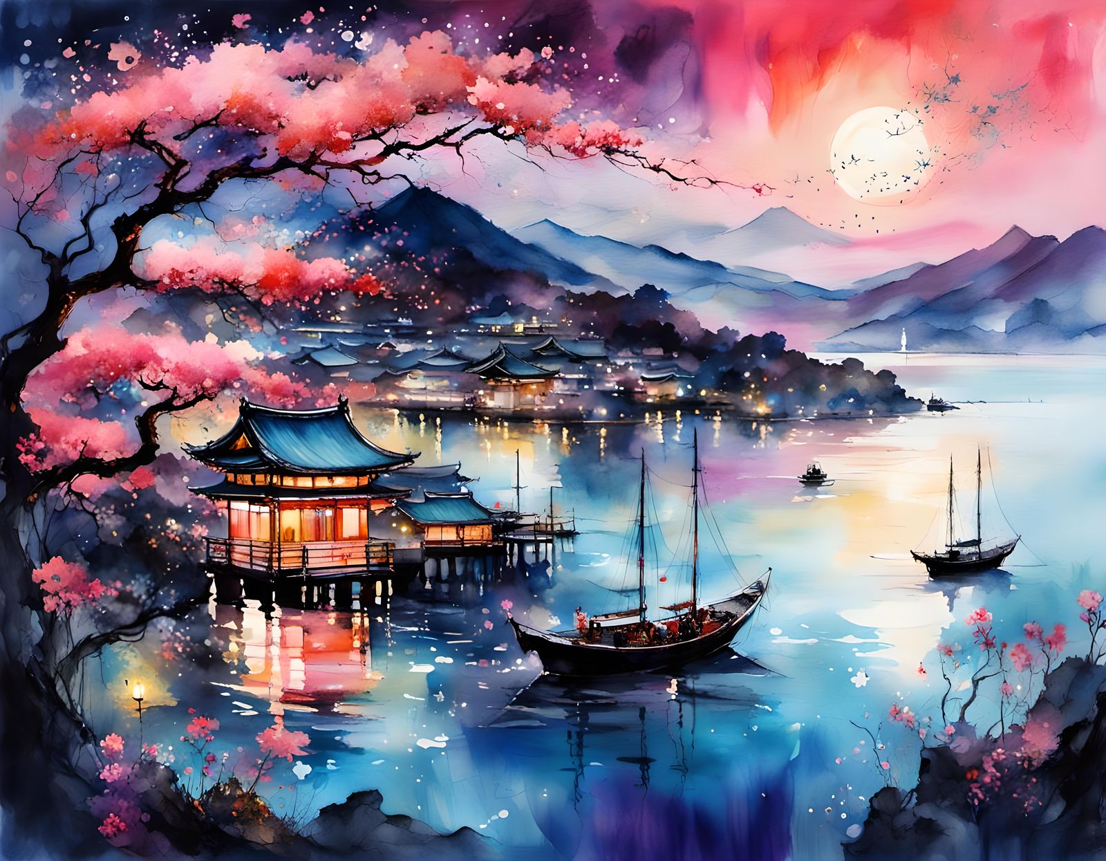 Night Harbor in Japanese Watercolor Style