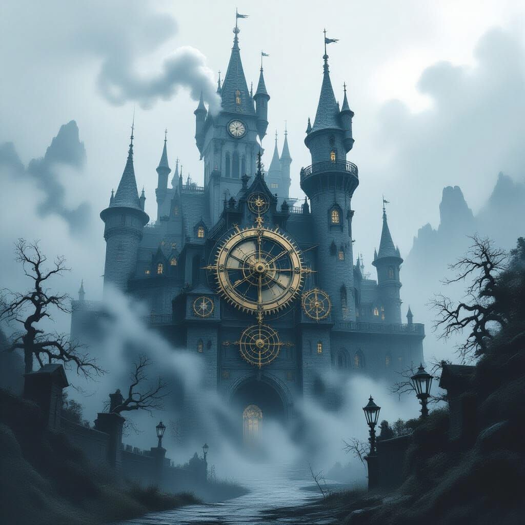 Spectral Clockwork Castle in Gothic Steampunk Style