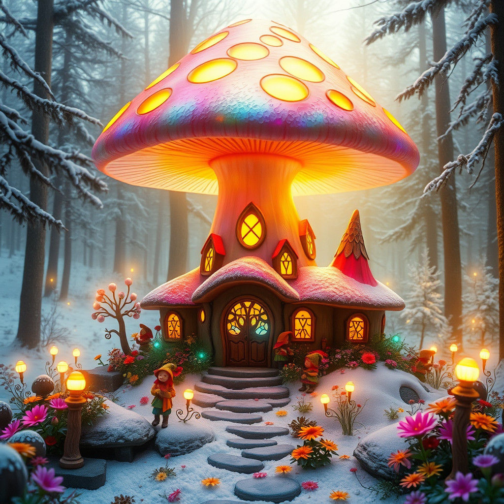 Surreal Bioluminescent Forest with Majestic Mushroom House