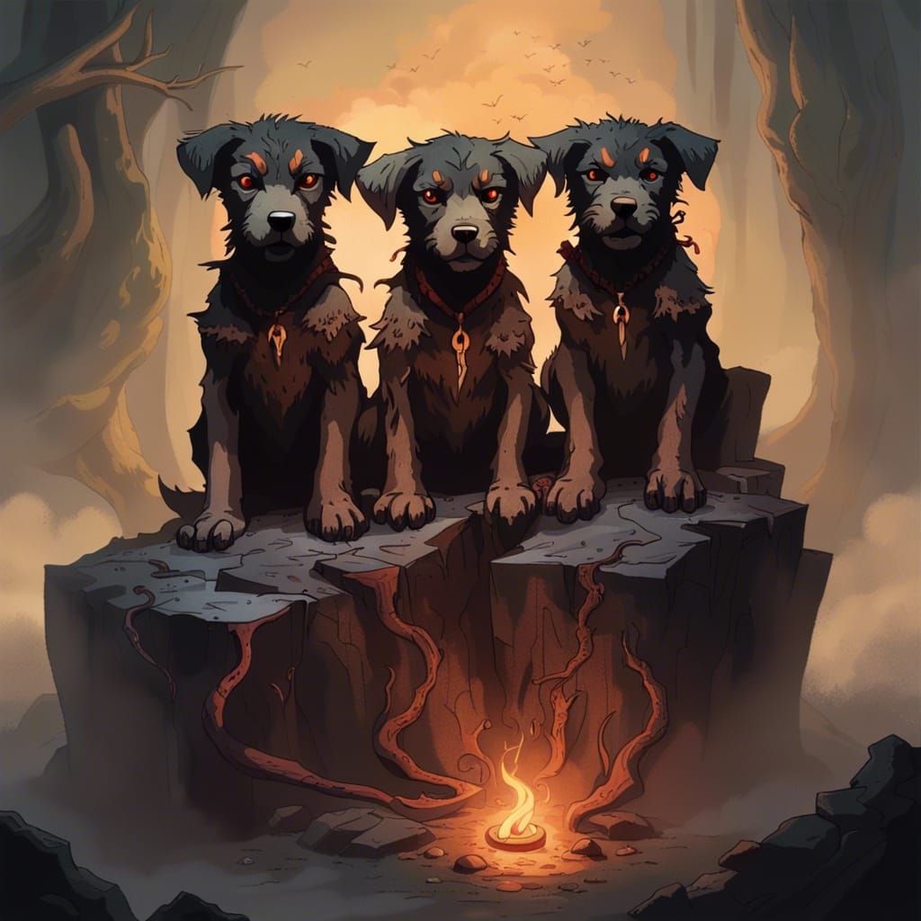Three-Headed Puppy Cerberus Guardian in Candlelit Gloom