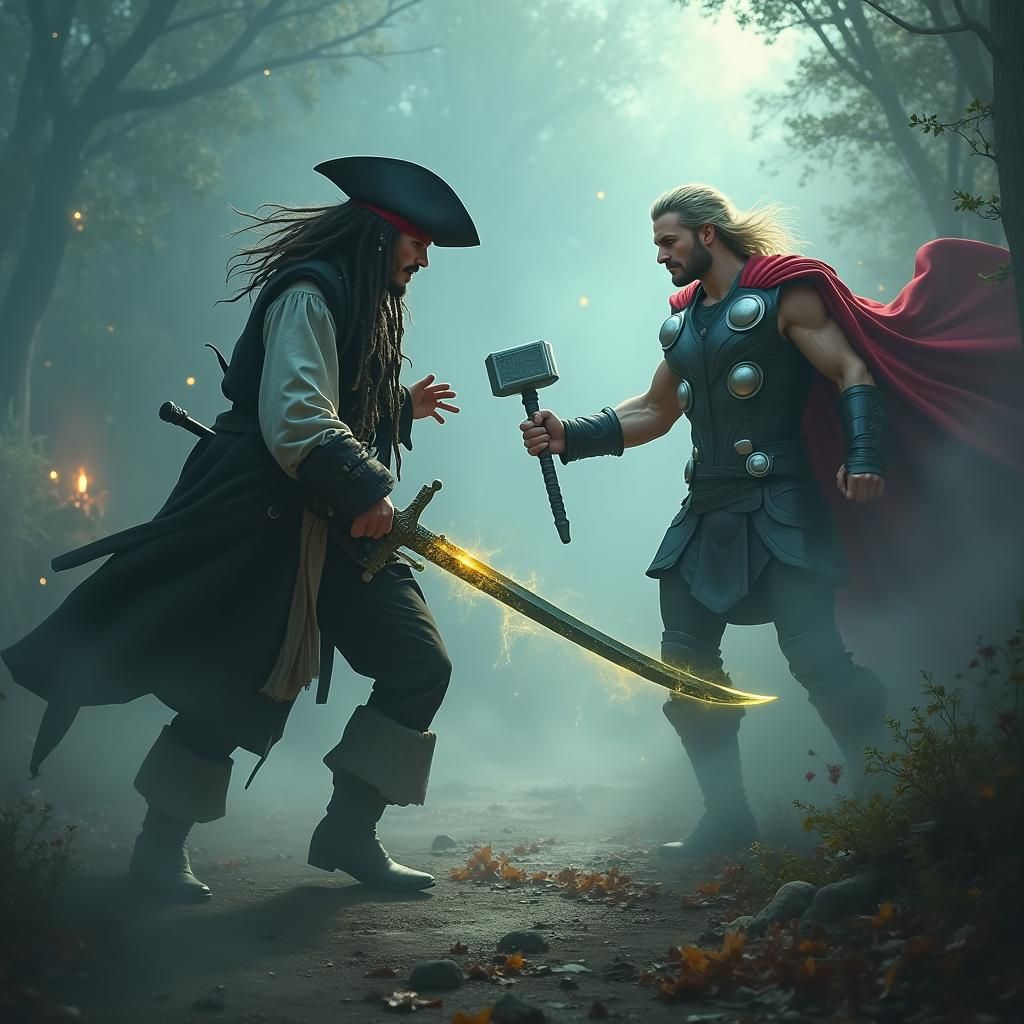 Jack Sparrow Battles Thor in Dreamlike Landscape