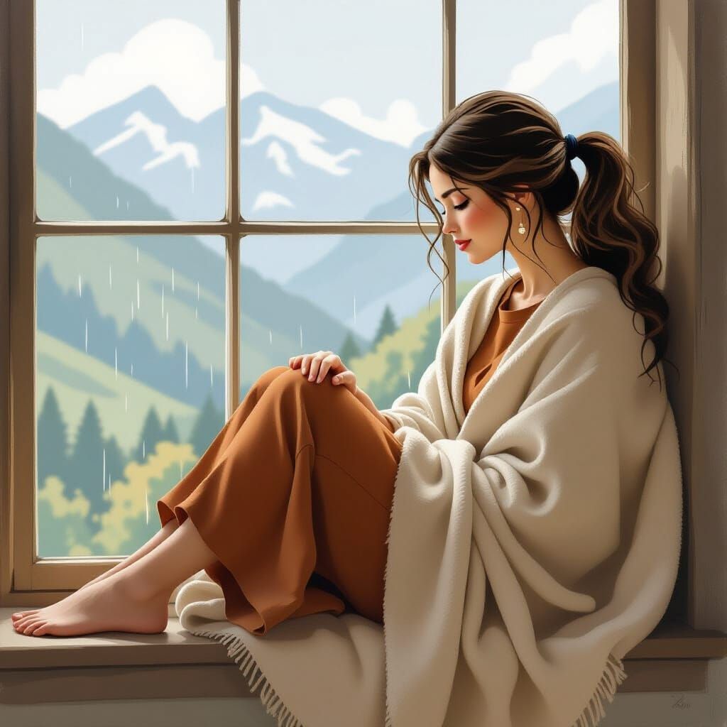Girl in Window Seat, Storybook Illustration