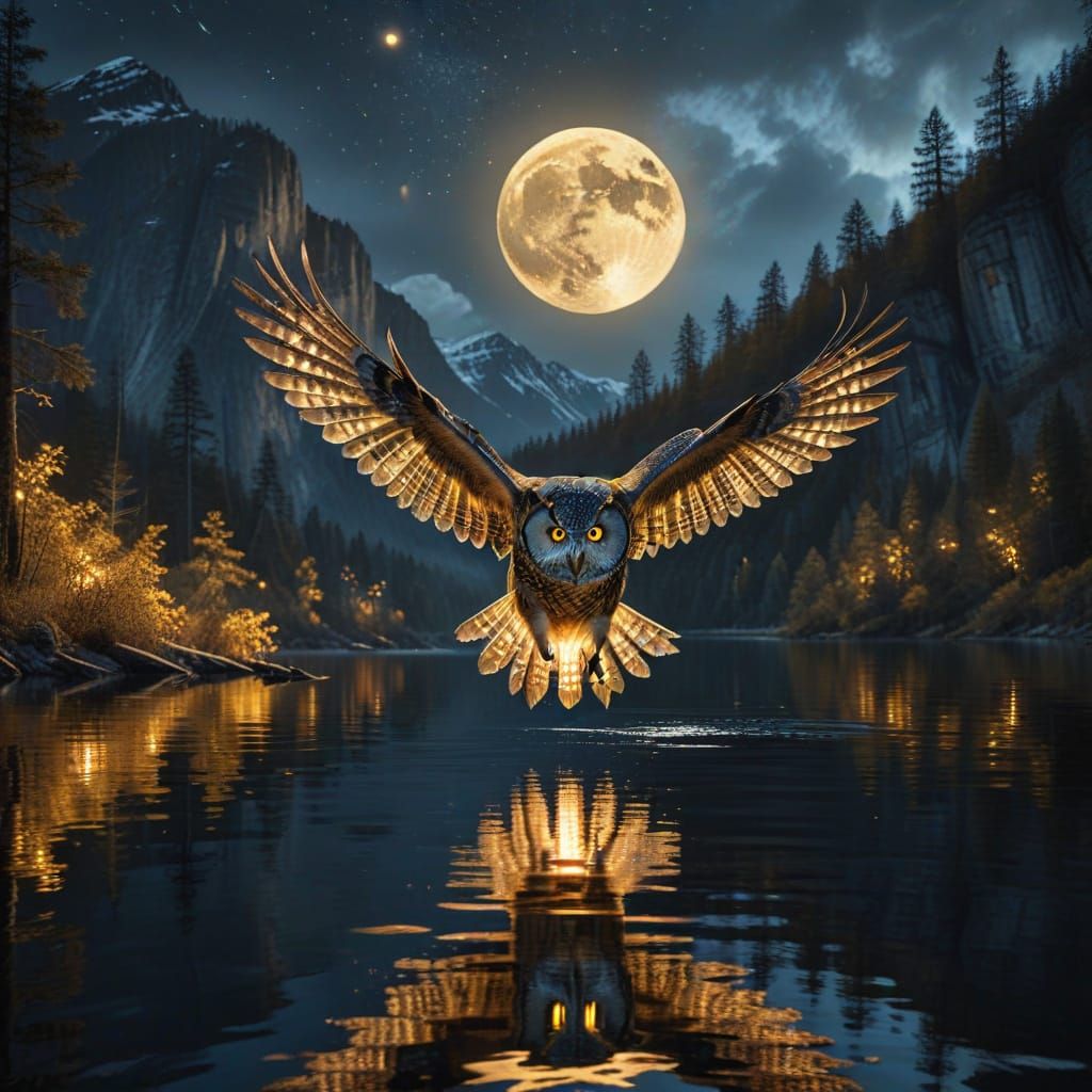 Owl Flight Over Moonlit Lake: Fantasy Landscape