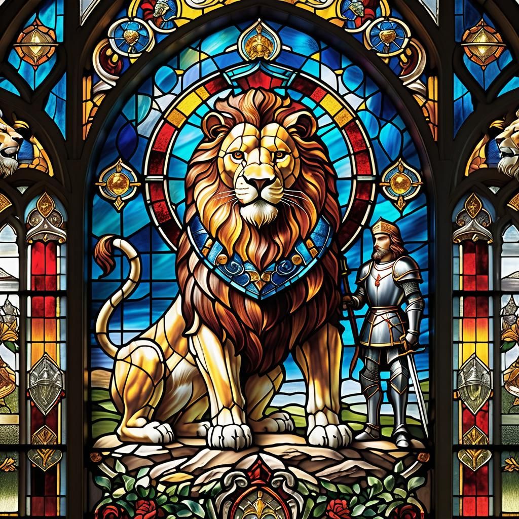 Stained Glass Knight and Lion in Klimt Style