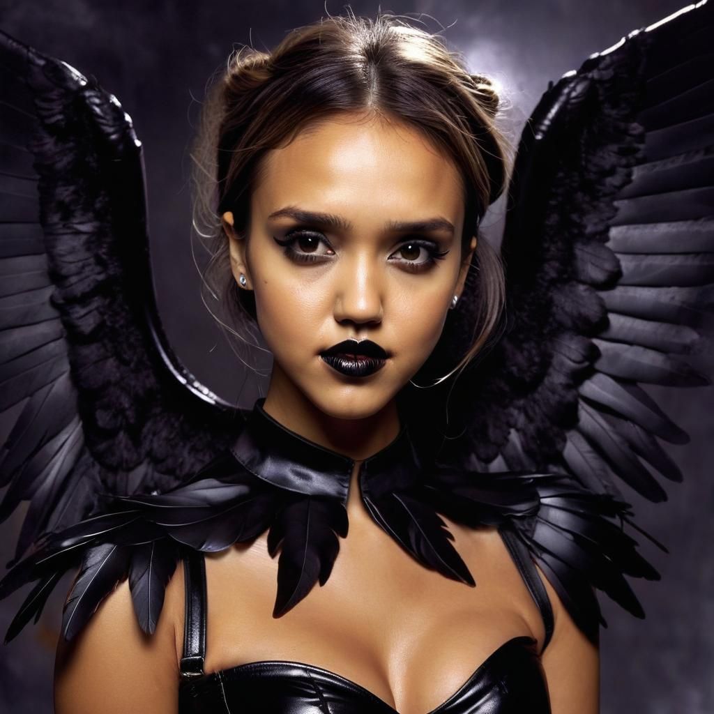 Jessica Alba as Alluring Dark Angel in Black Wings and Lipst...