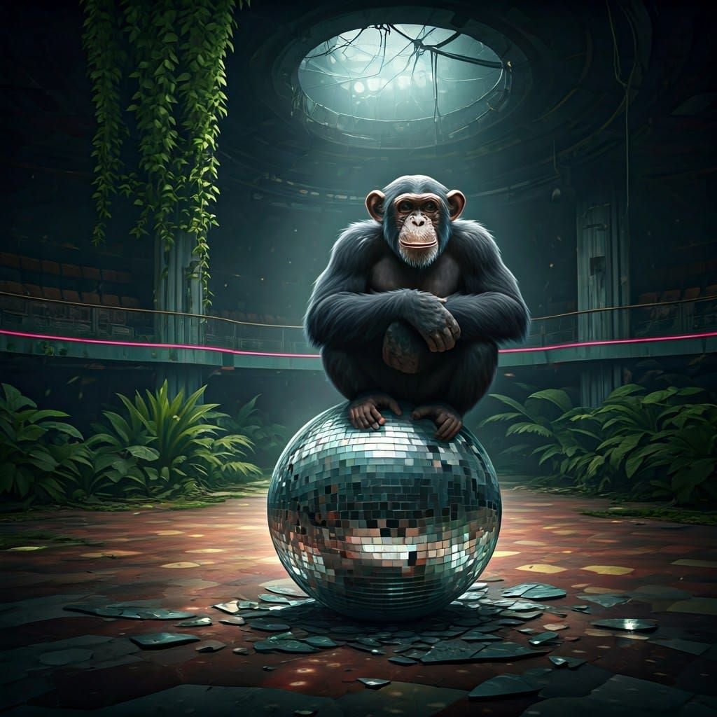 Dystopian Disco Scene with Curious Chimpanzee
