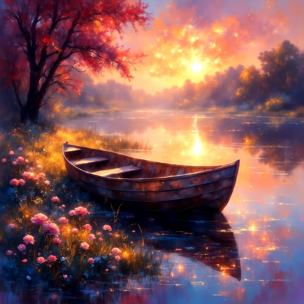 The 333,000,000th row-boat by a lake at sunset on NC  🥱