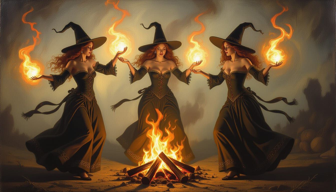 Renaissance Witches Casting Spell by Firelight in Michelange...