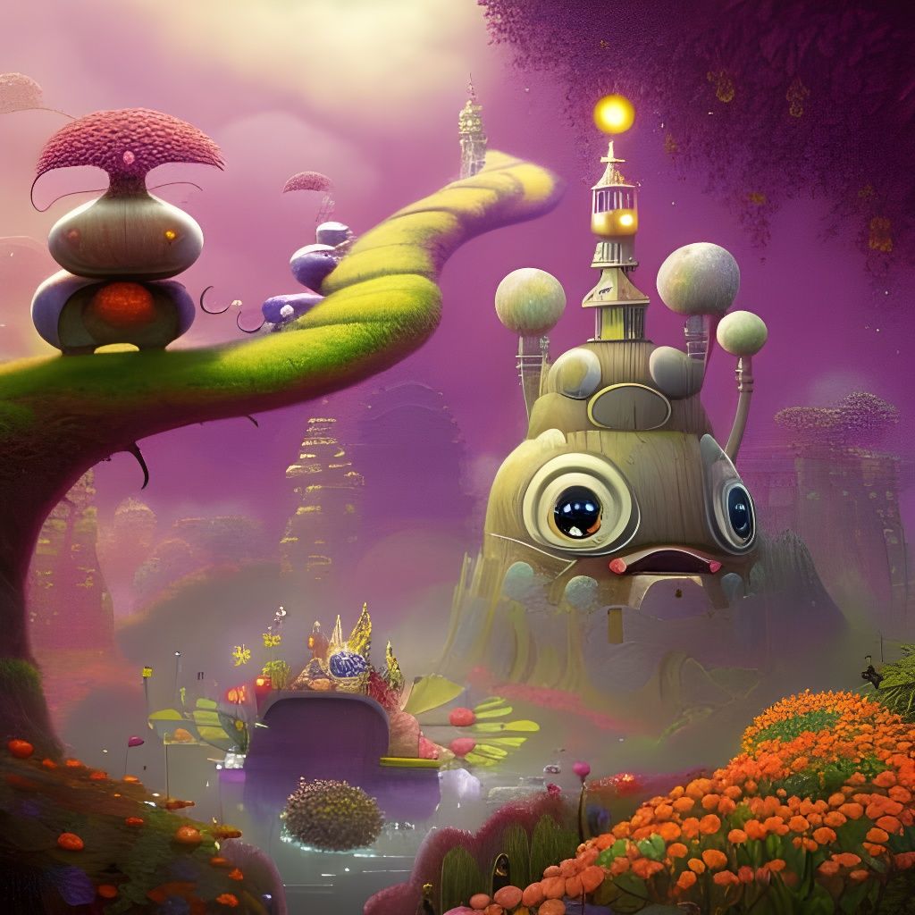 Fantasy Creatures in a Whimsical Surreal Landscape