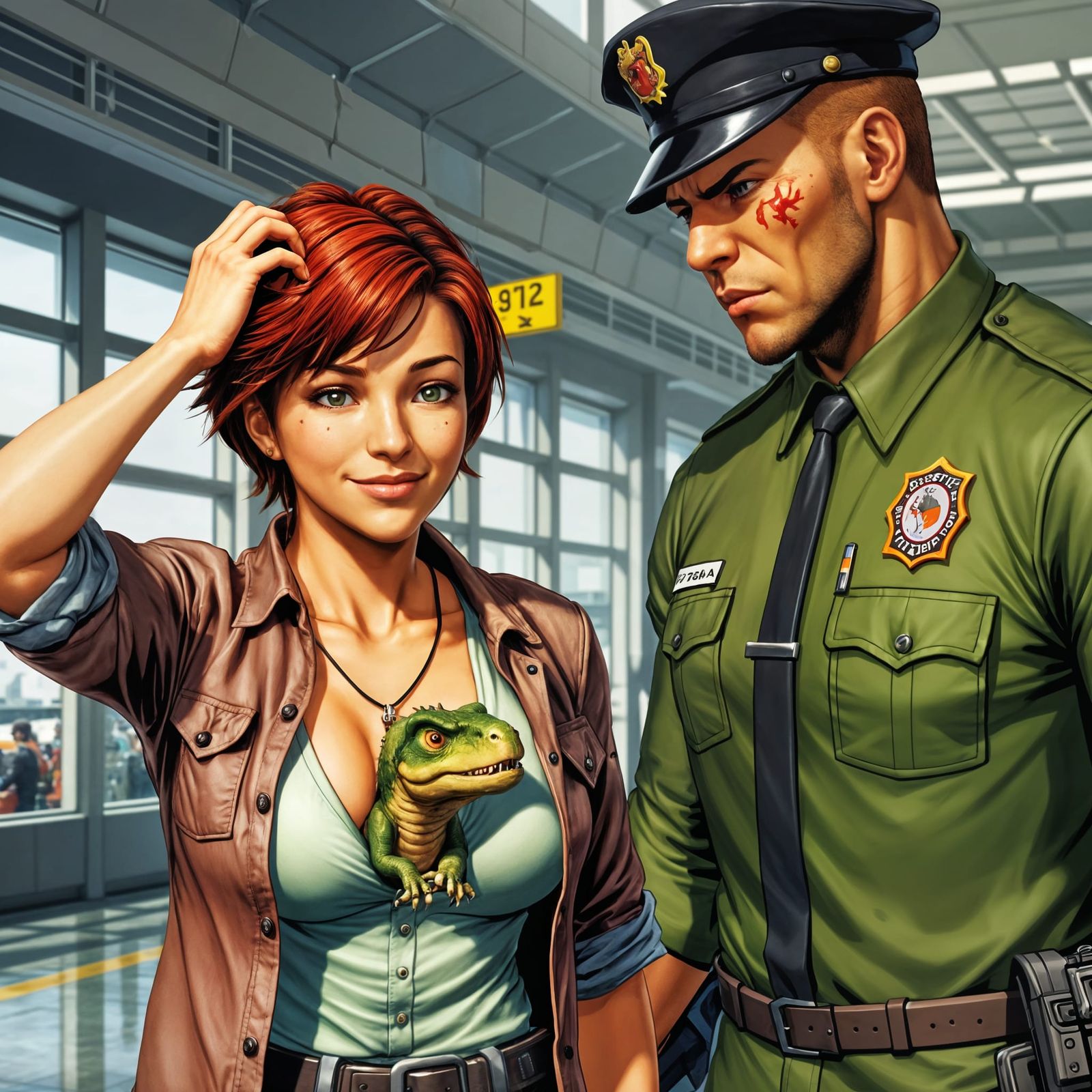 Humorous Airport Encounter with Baby Dinosaur, Street Fighte...