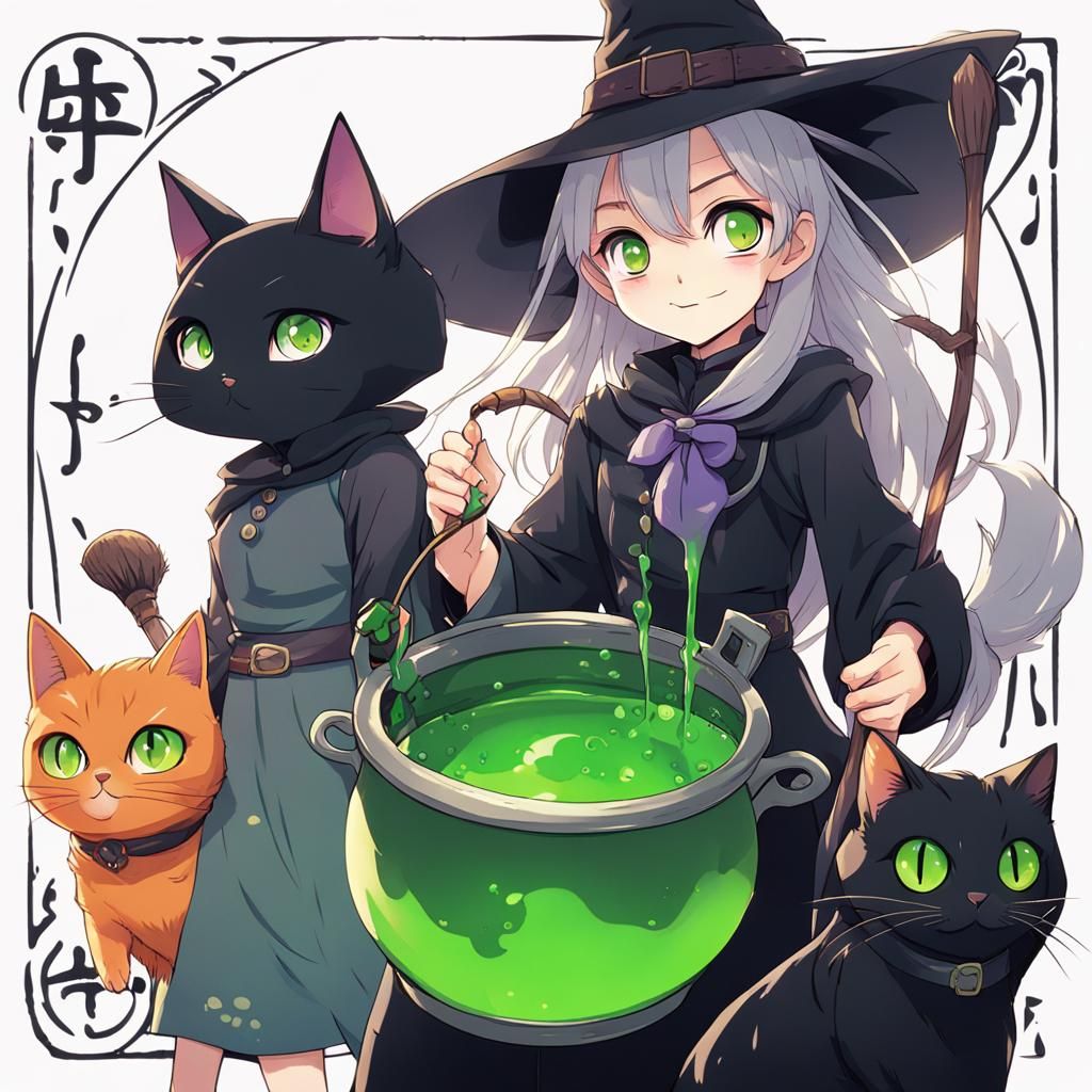 Friendly Witch with Cat Brews Potion in Anime Style