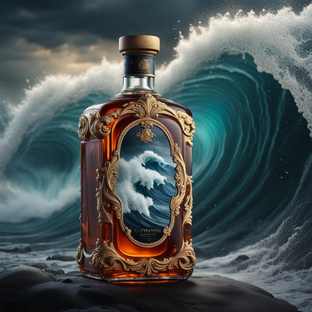 Luxury Liquor Bottle in Stormy Tsunami Waves