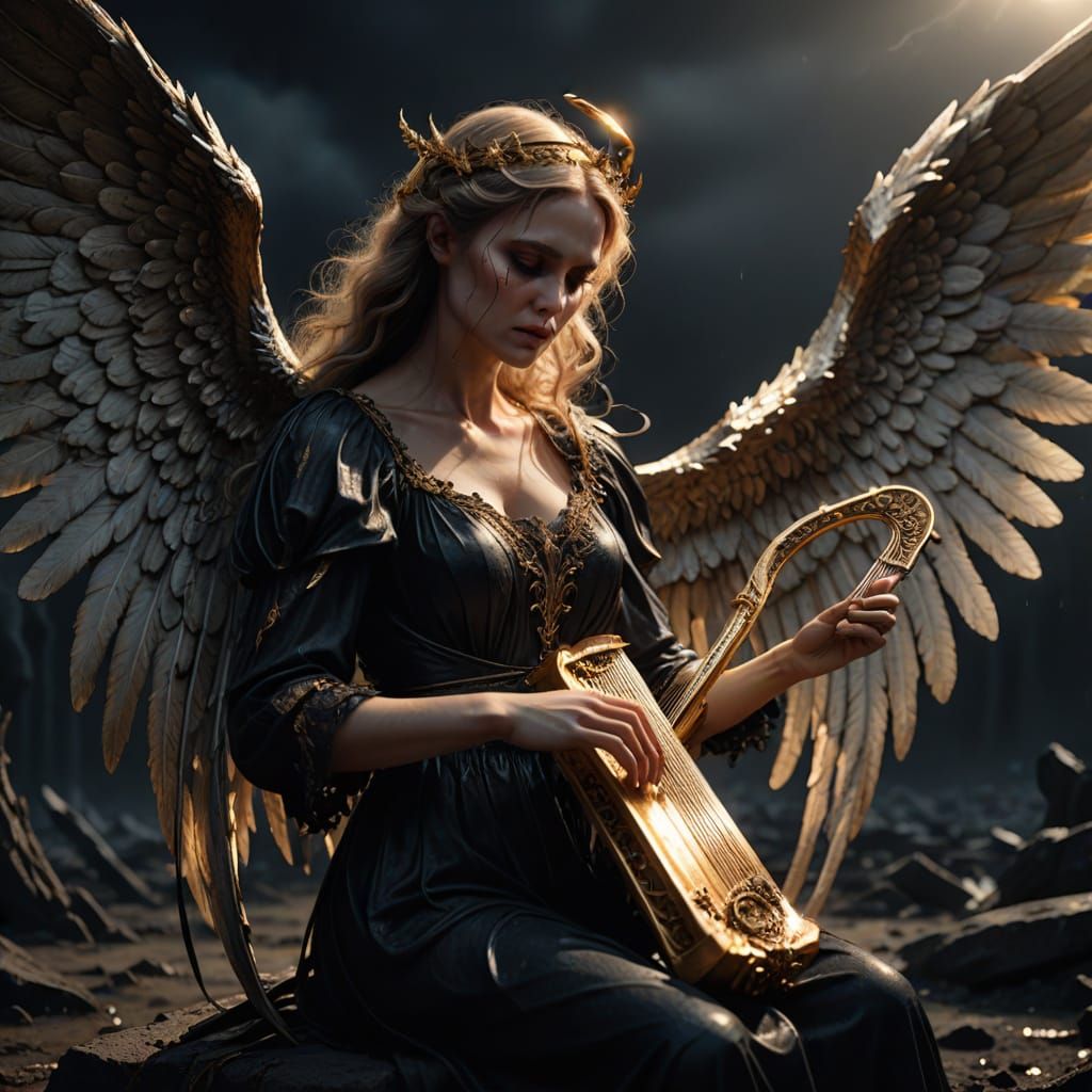 Angel in Desolate Wasteland, Golden Harp in Hand, Tears of S...