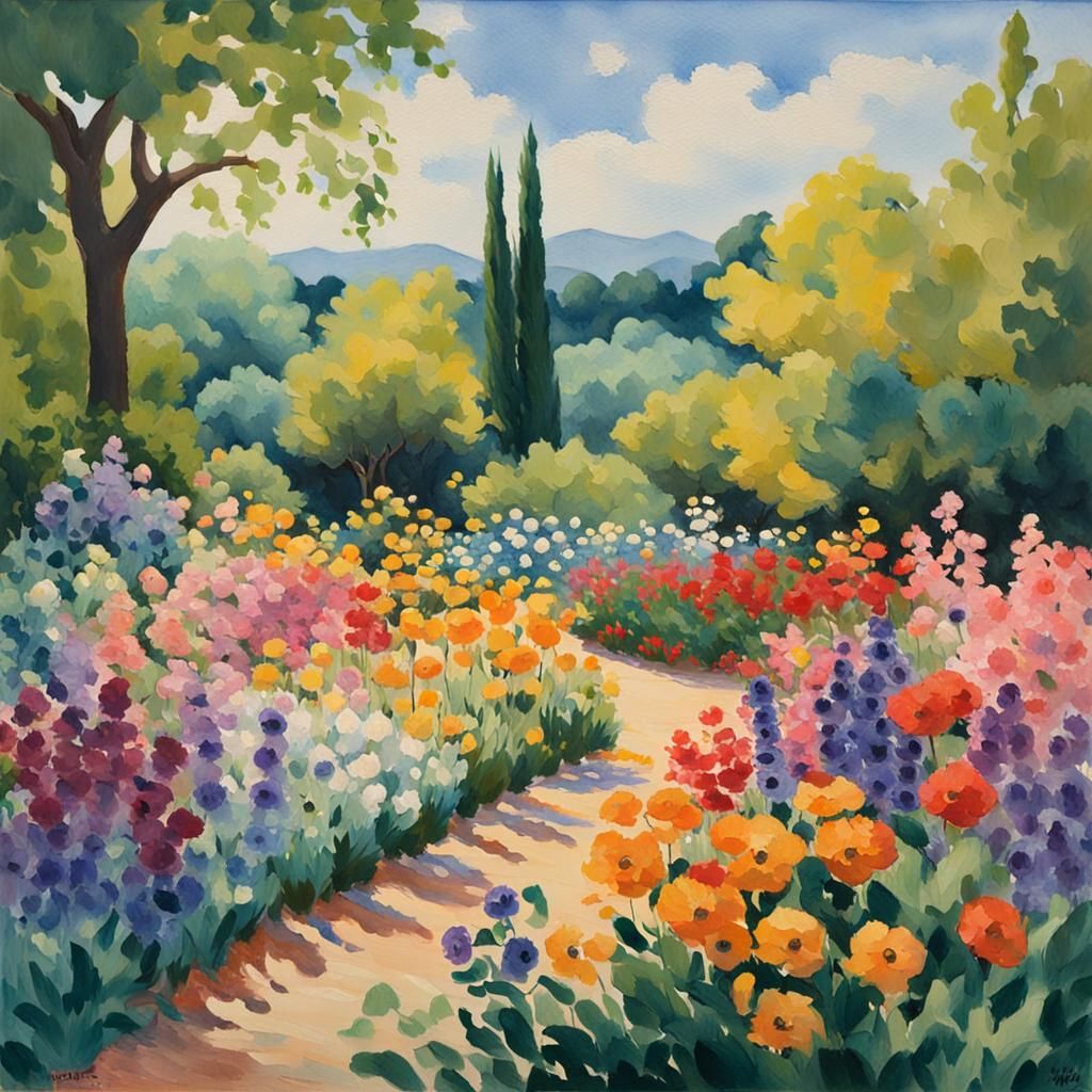 Impressionist Garden Painting in Gouache Watercolor Style