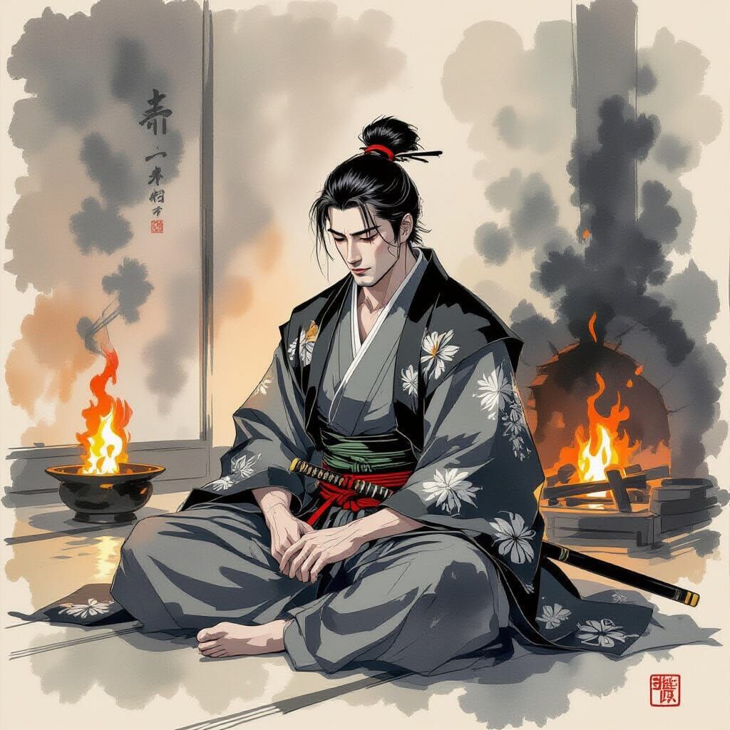 Gay Samurai in Ukiyo-e Style with Smoldering Fireplace