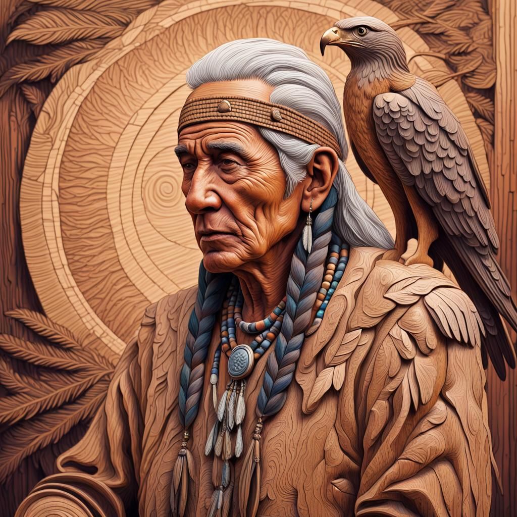 Native American Man and Hawk Wood Carving