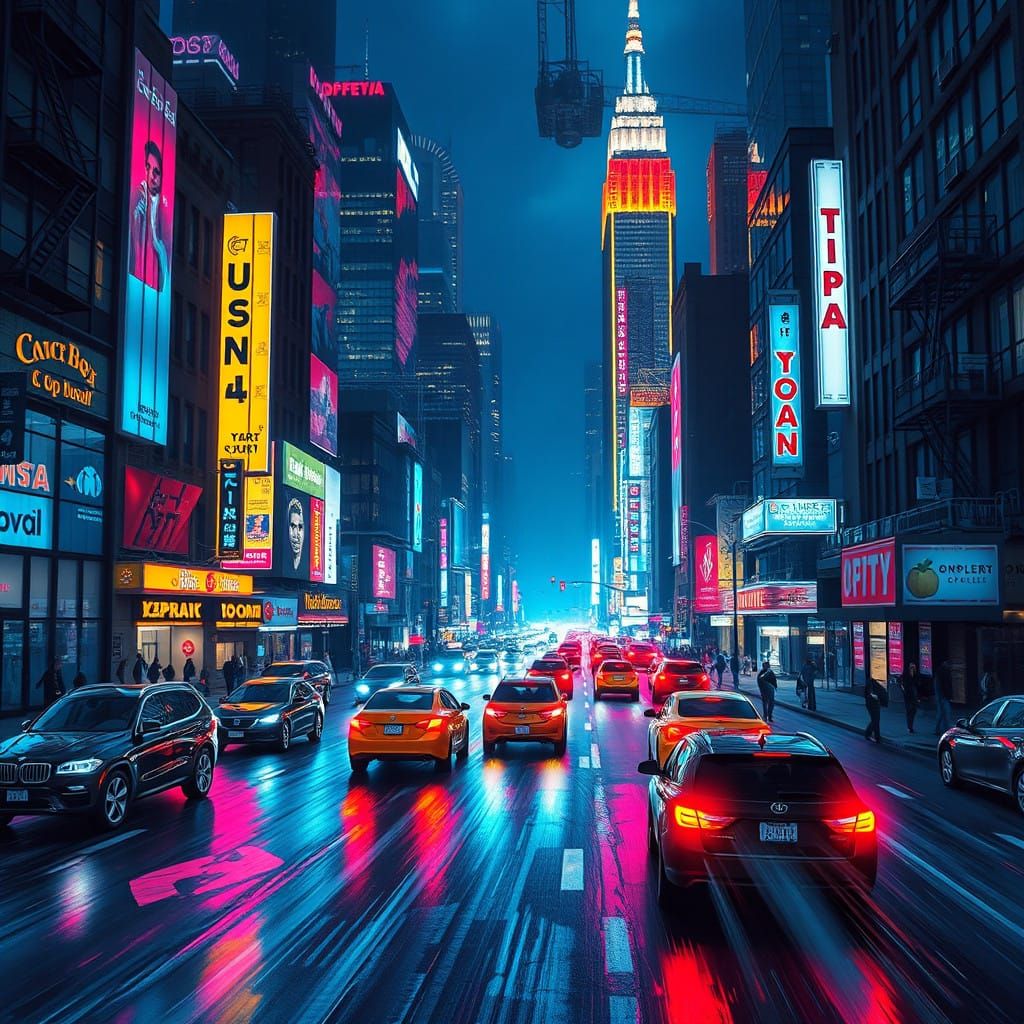 Glowing New York City Night Skyline in Cyberpunk Futurism