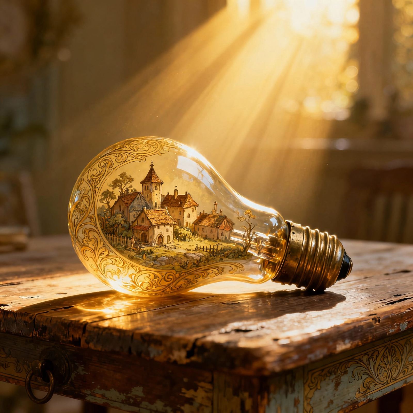 Miniature Village in Lightbulb, Fantasy Art Style