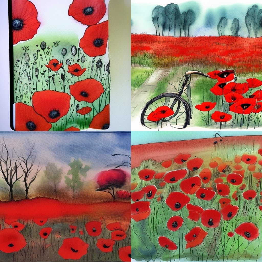 Poppies and Bicycle in Watercolor and Ink