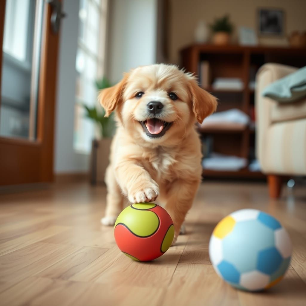 Cute Puppy Playing Ball in House