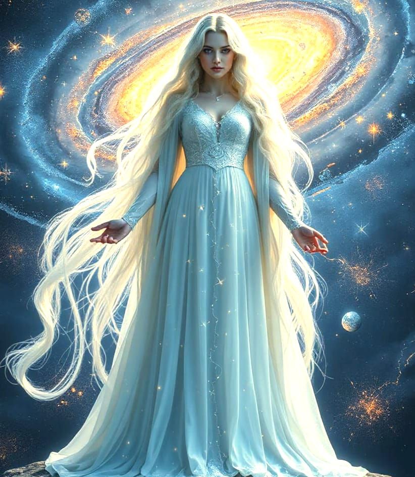 A celestial sorceress with long, silver hair interwoven with...