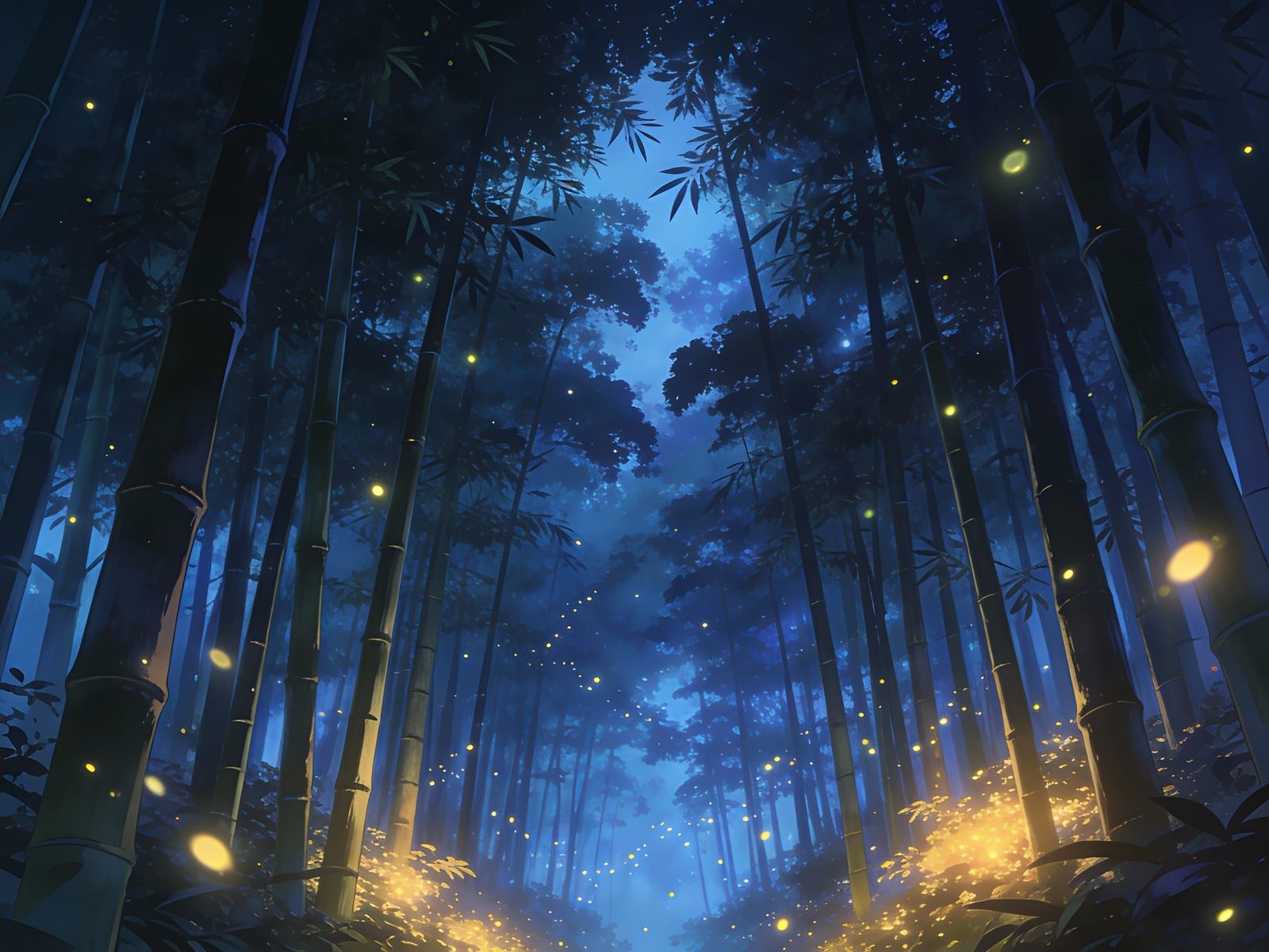 Magical Bamboo Forest at Blue Hour with Fireflies