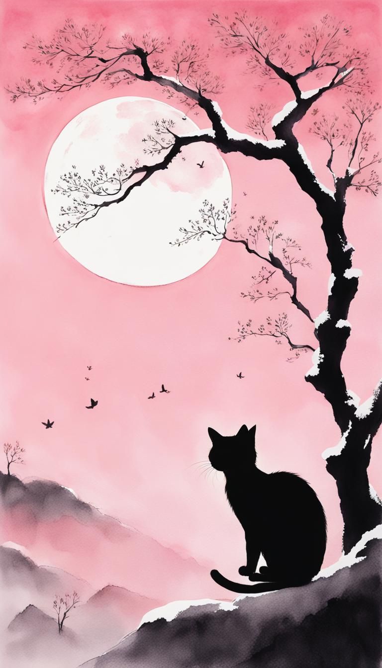 Minimalist Kitten Gazing at Moon in Ink Painting