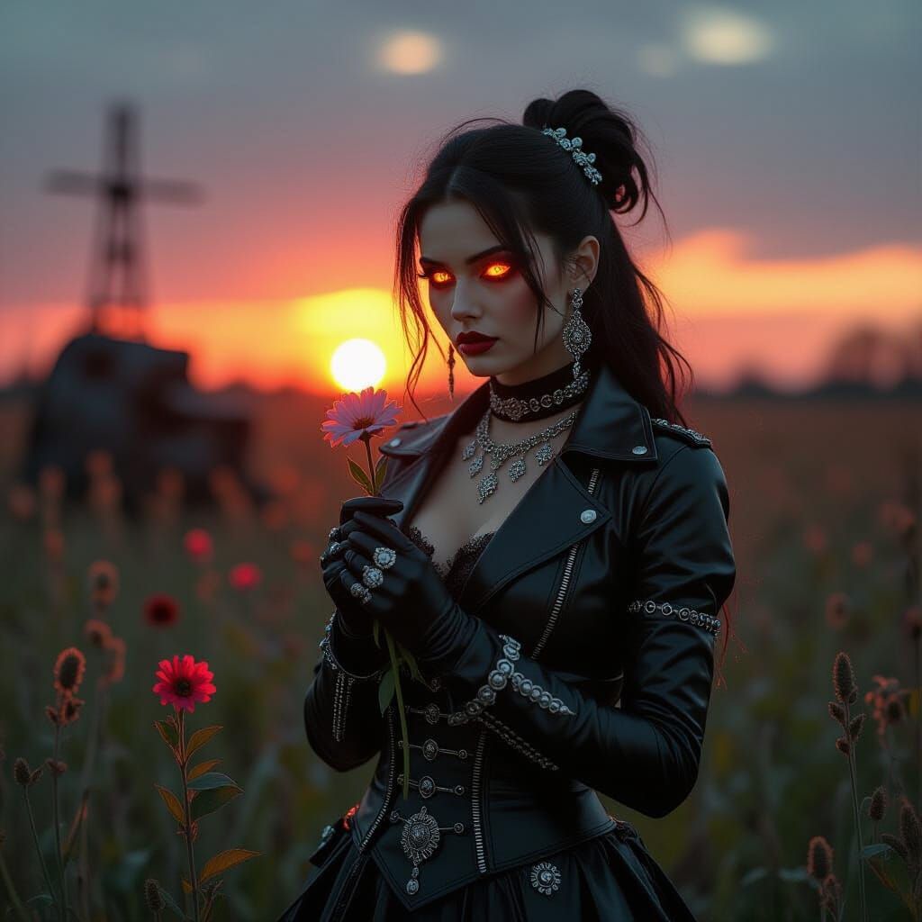 Gothic Woman in Nuclear Sunset, Surrealist Painting