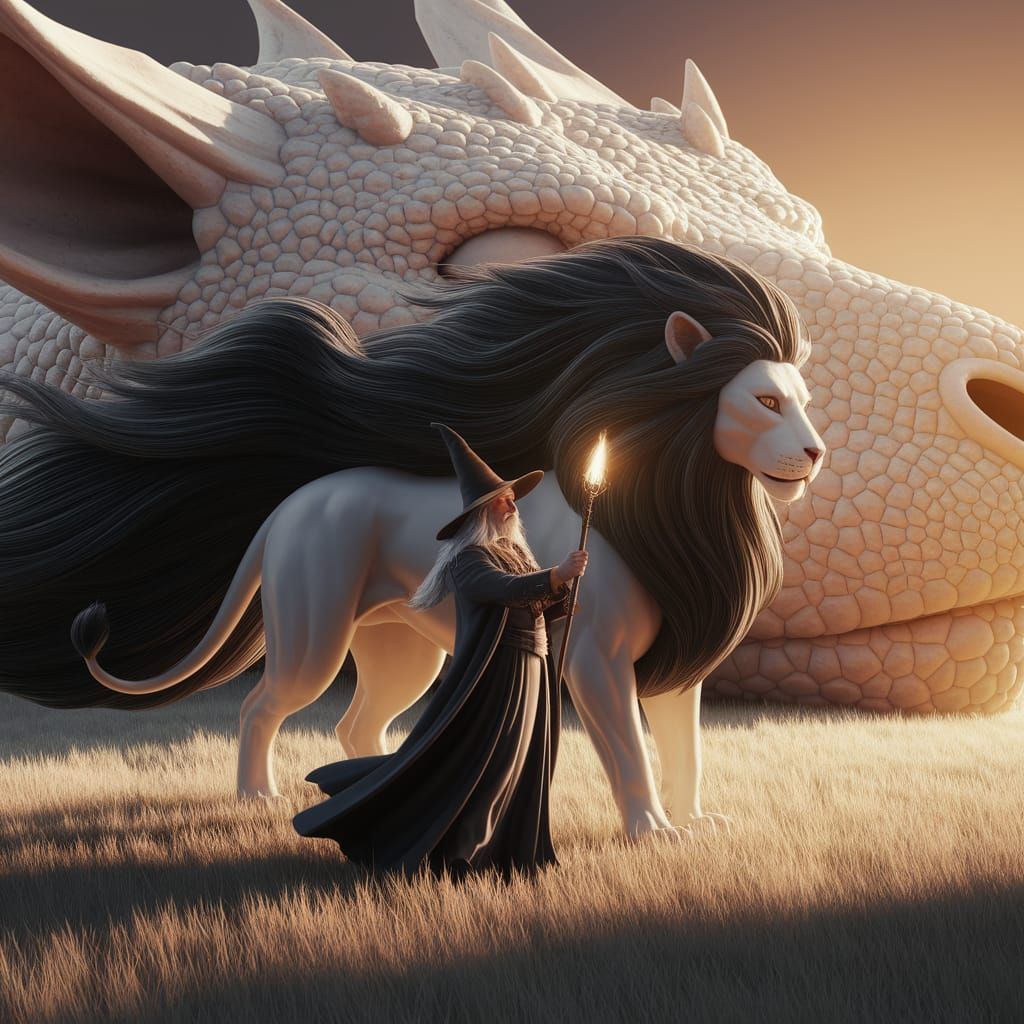 Wizard Conjures Lion-Cat Hybrid in Digital Art