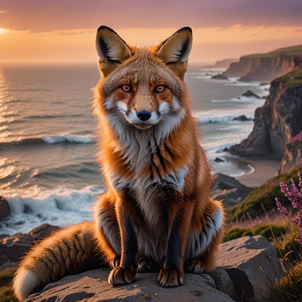 Fox in Golden Sunset on Cliff's Edge