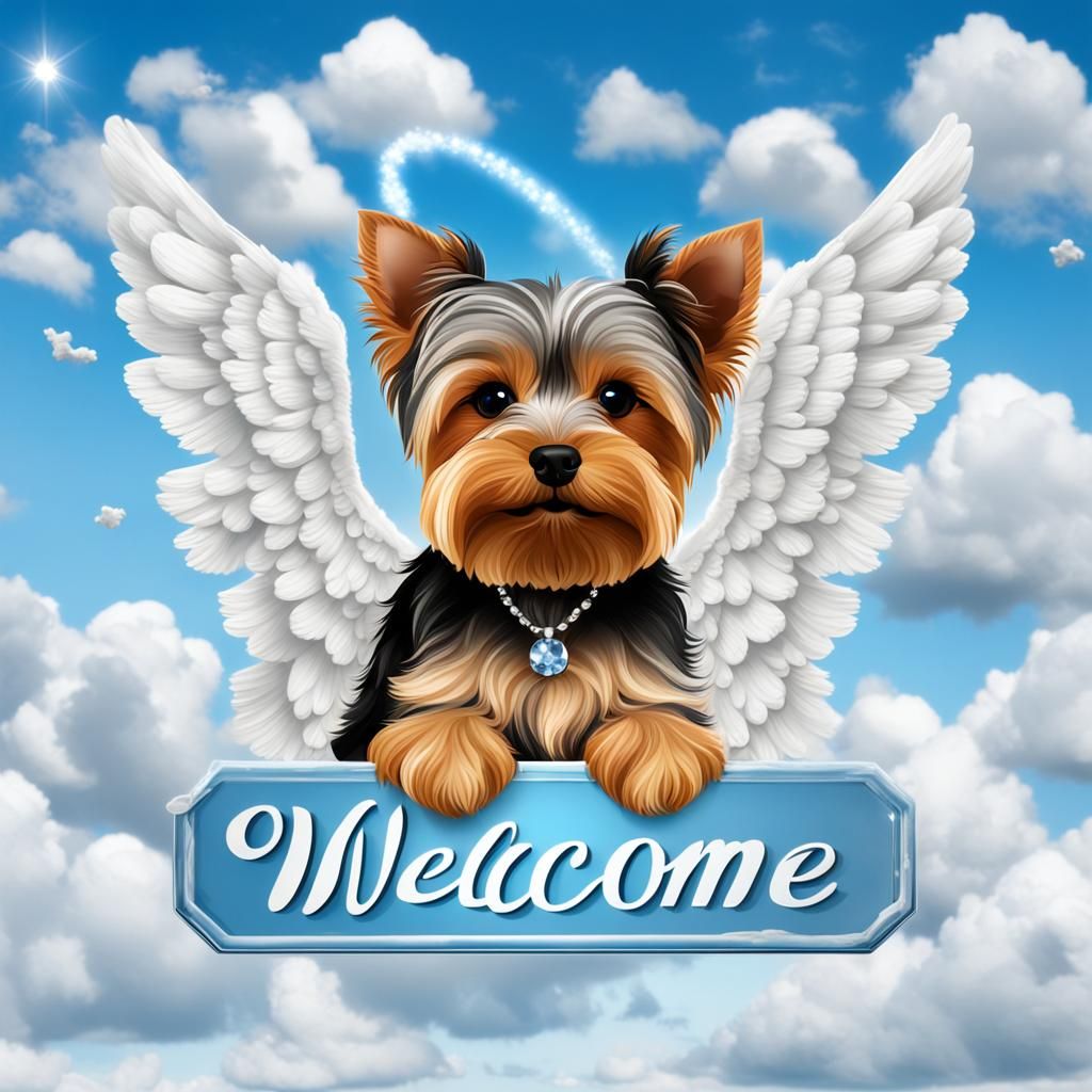 Yorkie Angel Ascends to Heaven in Cloudscape