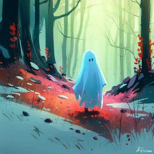 Cute Ghost in Forest: Detailed Digital Illustration