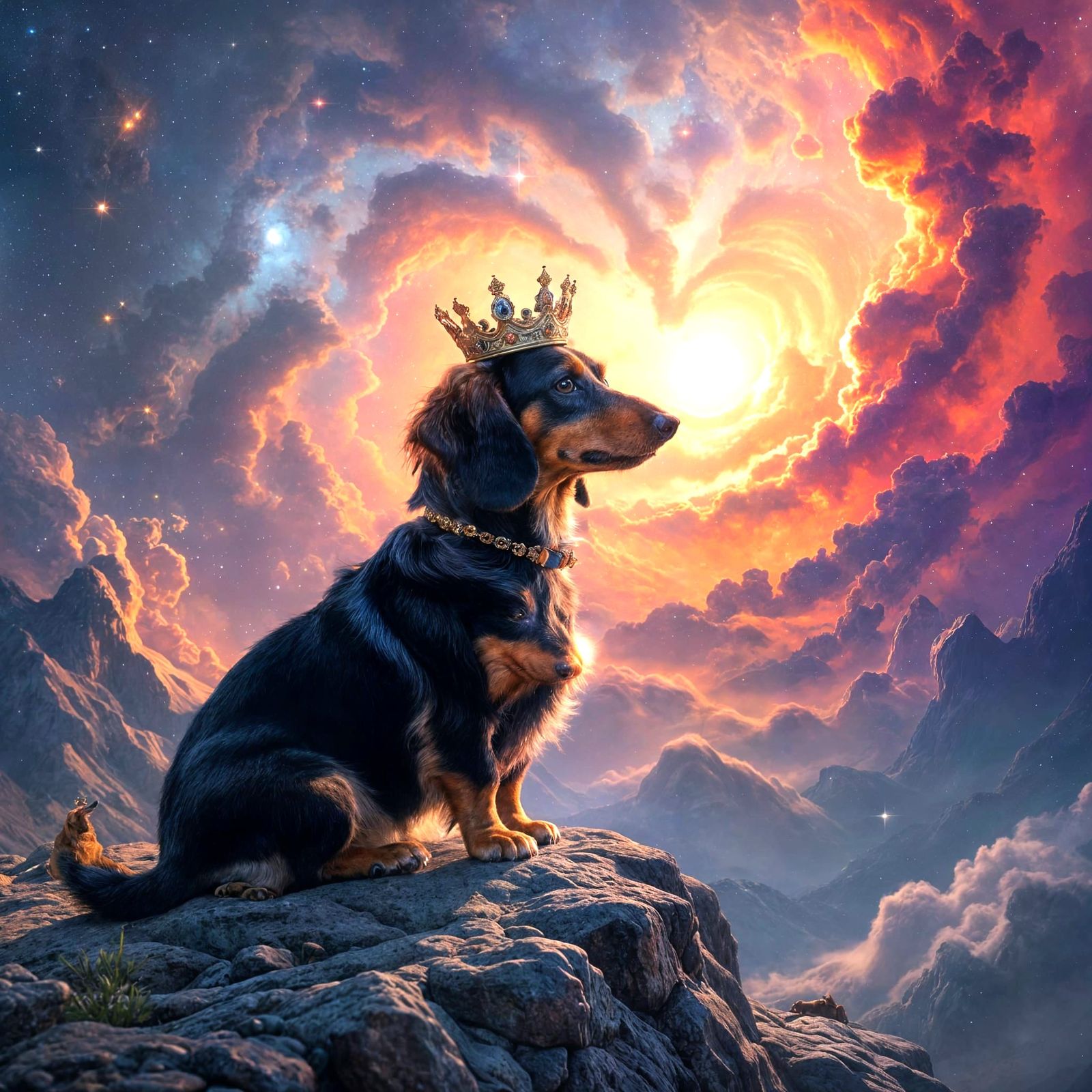 Dachshund in Crown Overlooking Cosmic Nebula