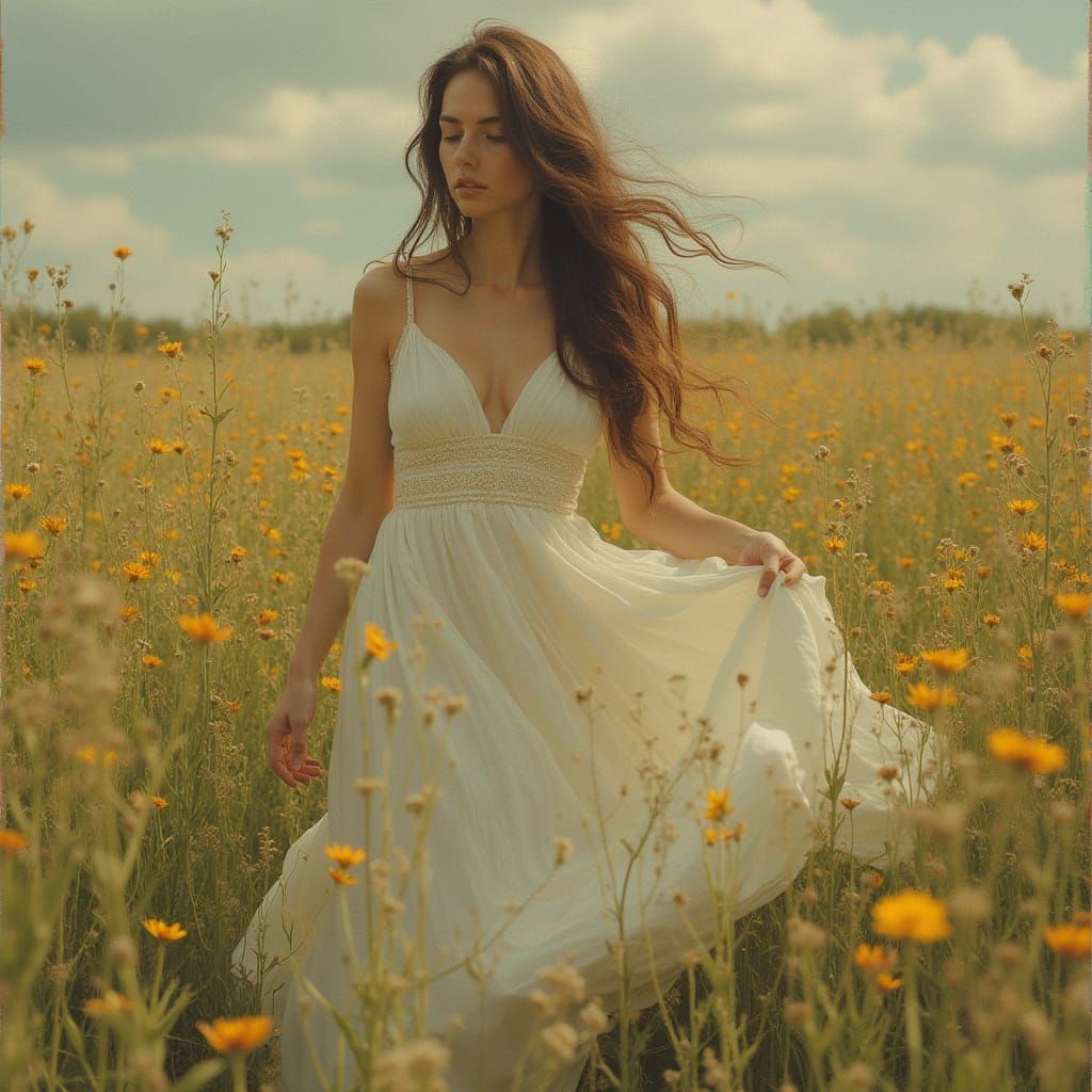 Serene Woman in Meadow, Art Nouveau Style