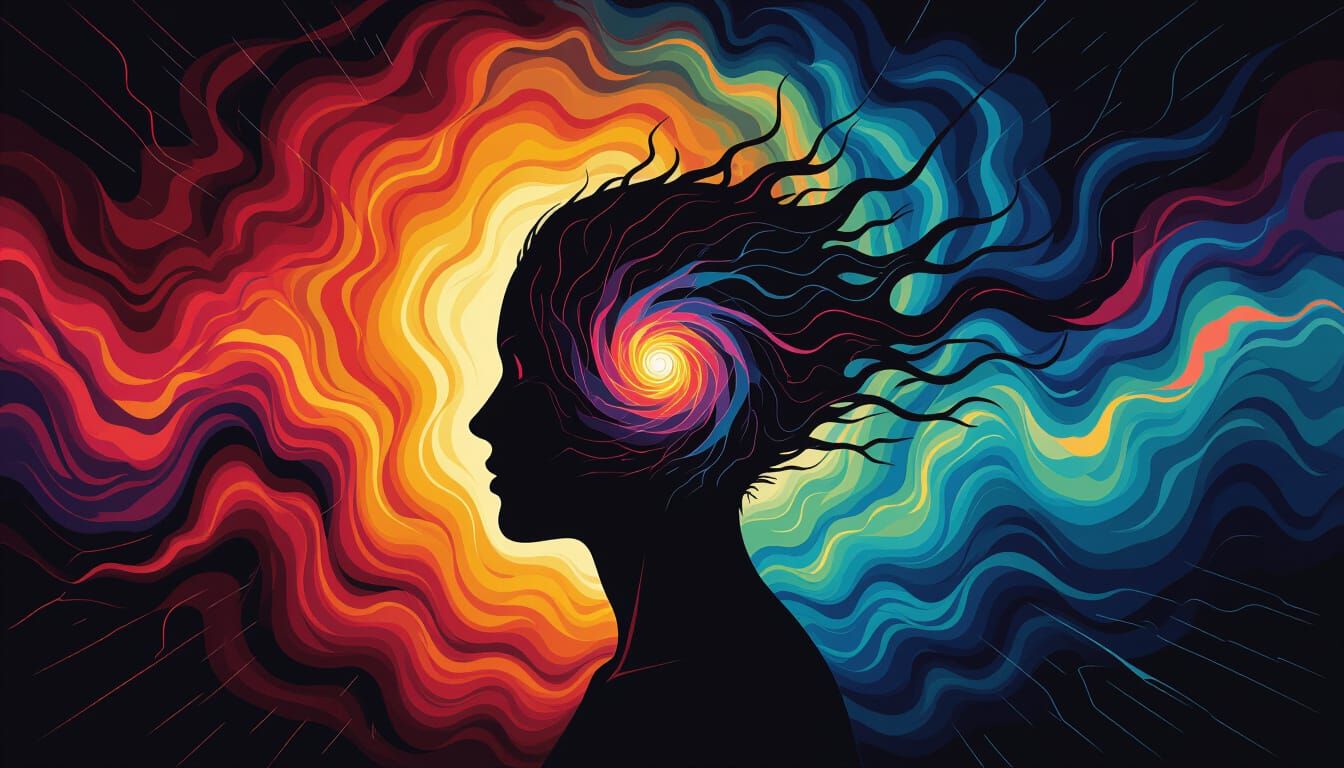 Surreal Vortex of Color Engulfs Human Head Silhouette