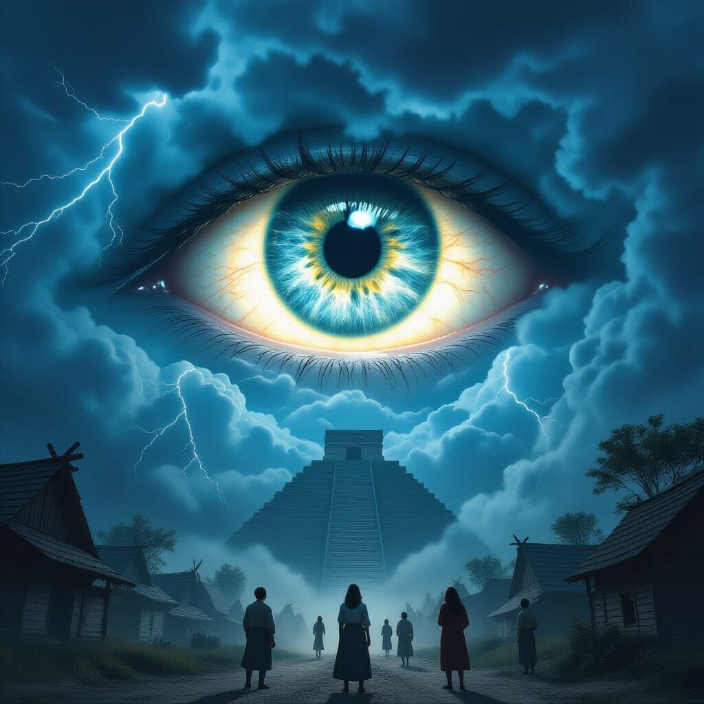Mysterious Glowing Eye in Stormy Sky Above Village