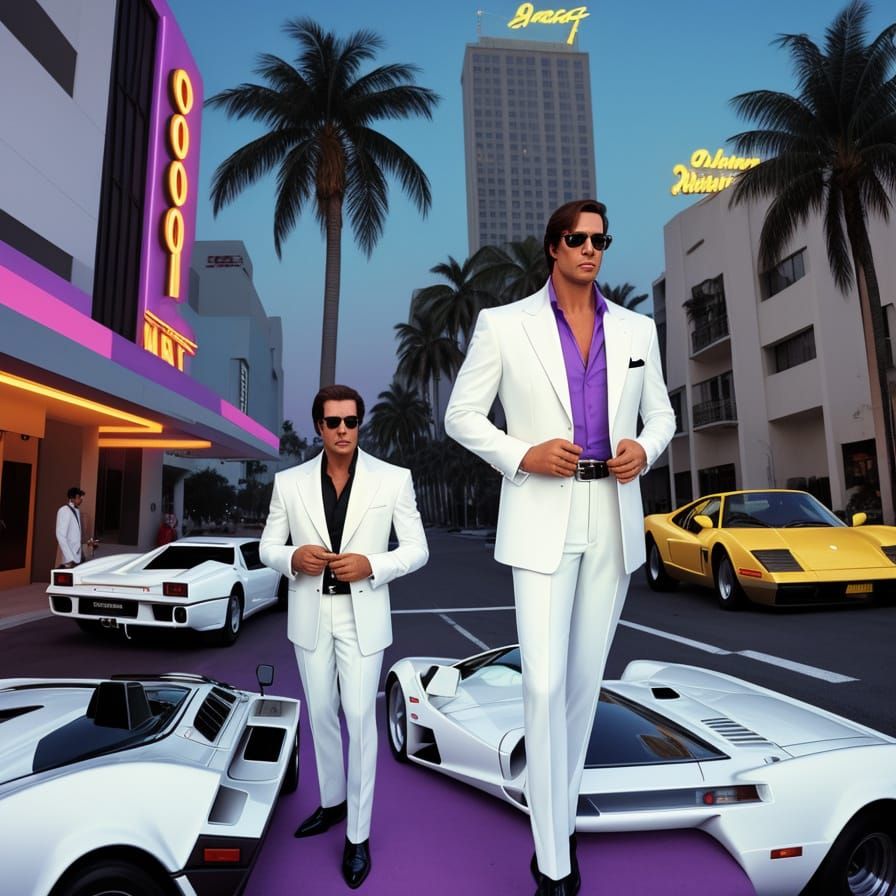 Miami Vice Detectives With Ferrari Testarossa at Night