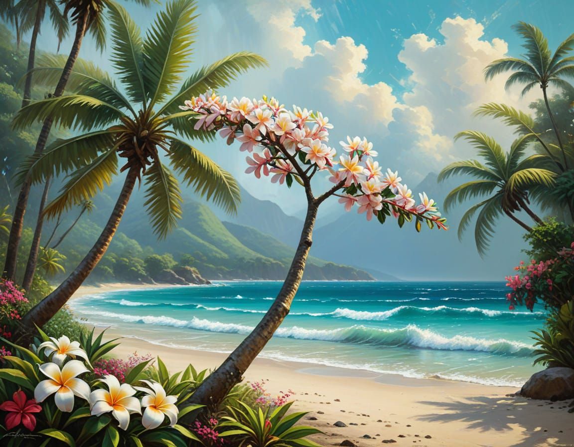 Vibrant Tropical Plumeria Tree in Post-Impressionist Style
