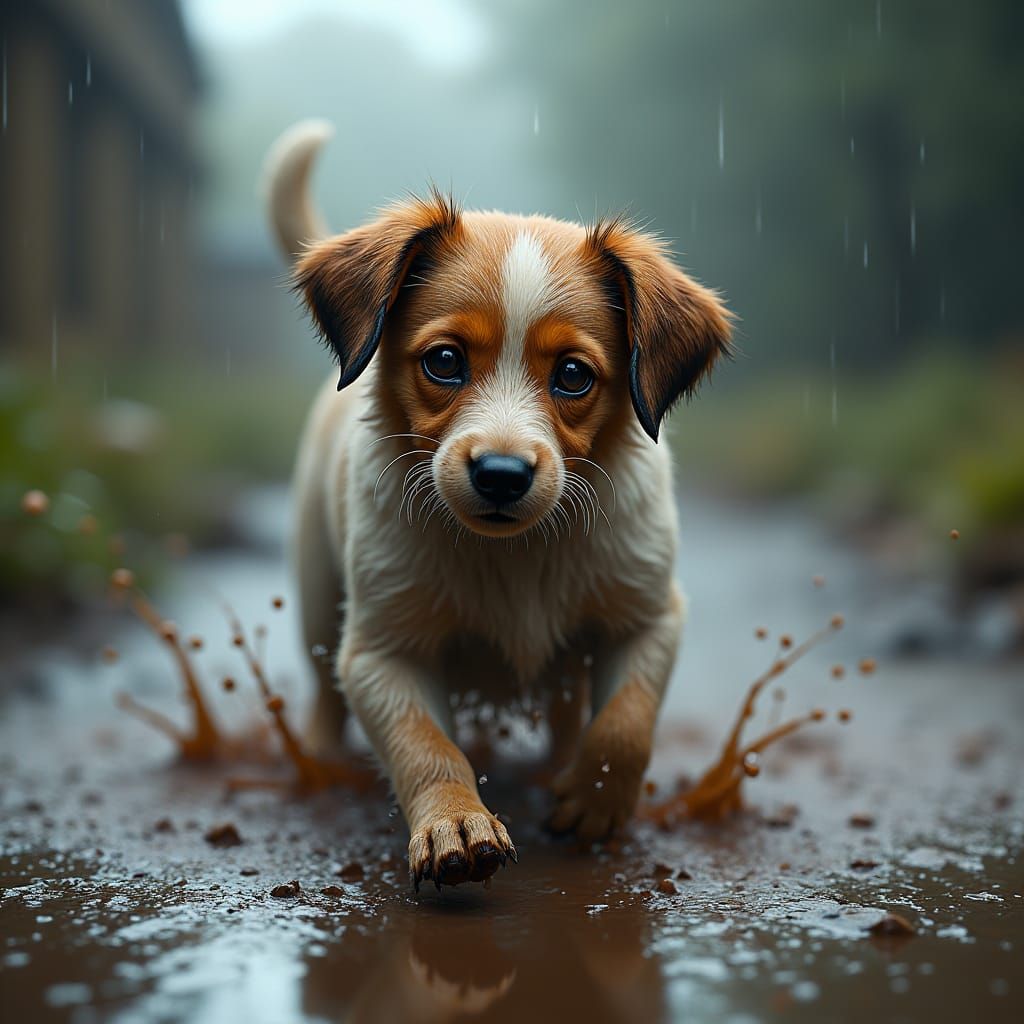 Jack Russell Dog Plays in Muddy Puddle