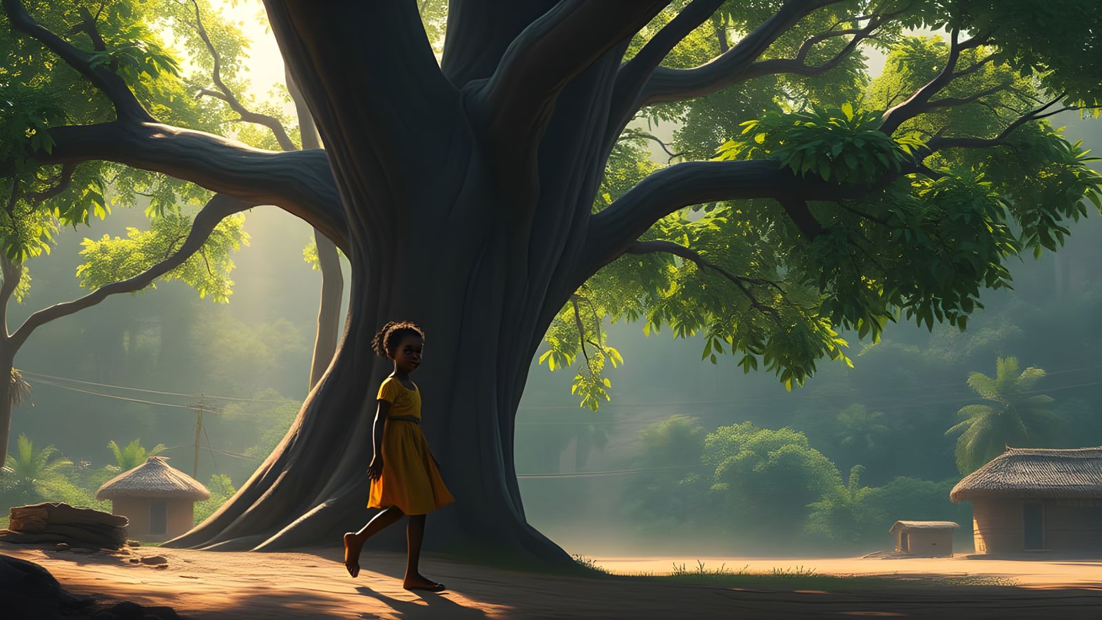 Young Girl and Iroko Tree in Hyperrealistic Splash Art