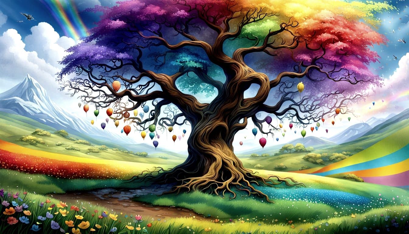 Vibrant Spring Tree Blooms with Rainbow Energy