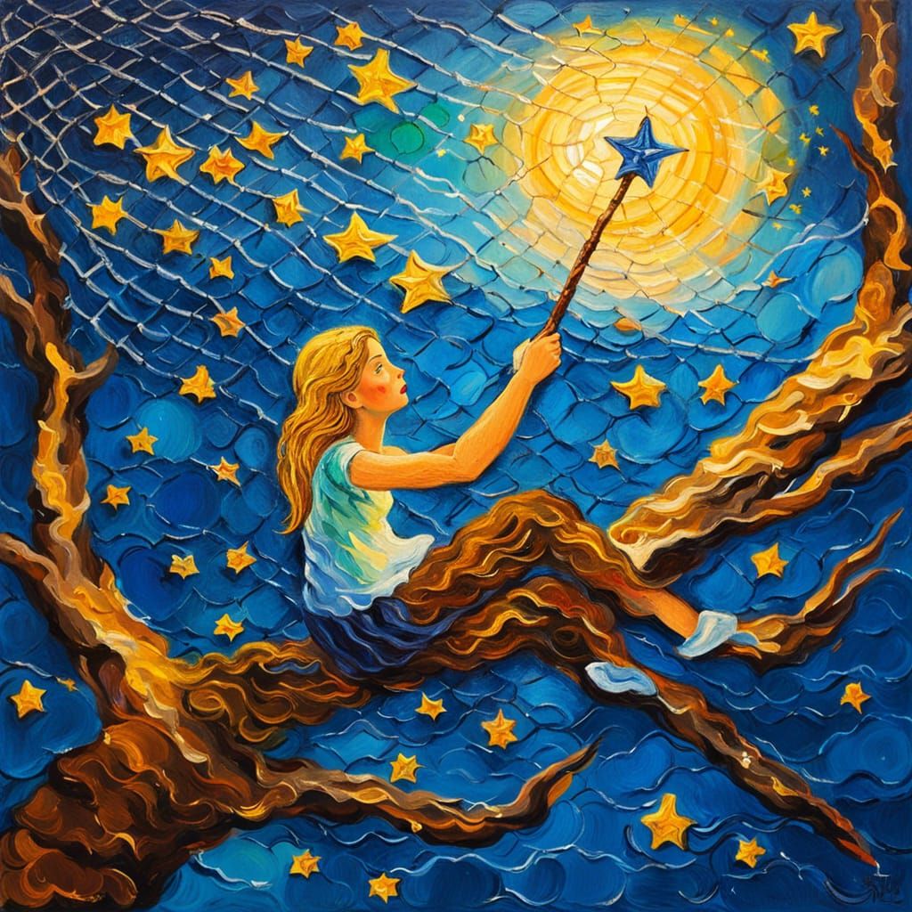 Girl Catches Stars in Dreamy Impasto Painting
