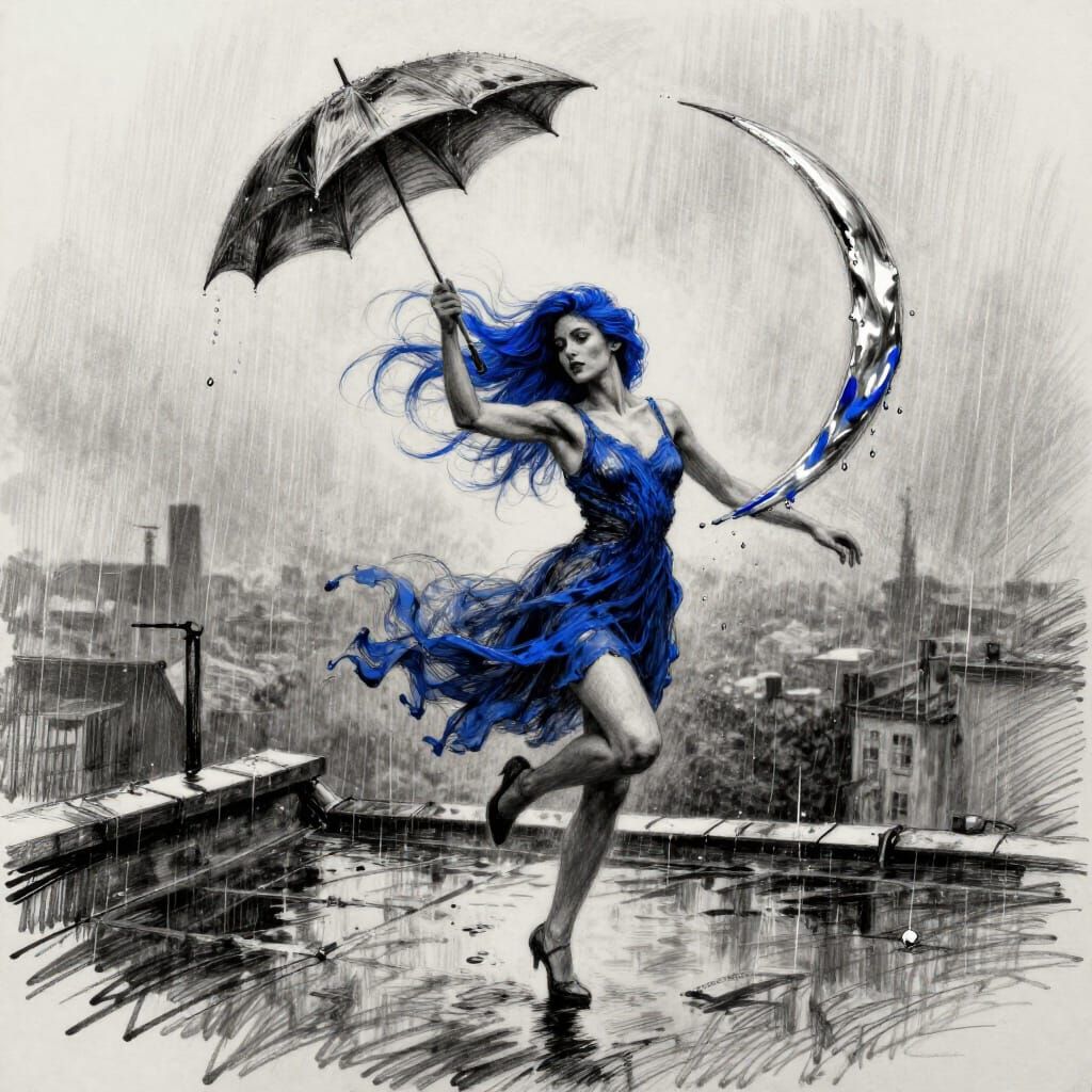 Surreal Charcoal Sketch of Woman Dancing on Rooftop