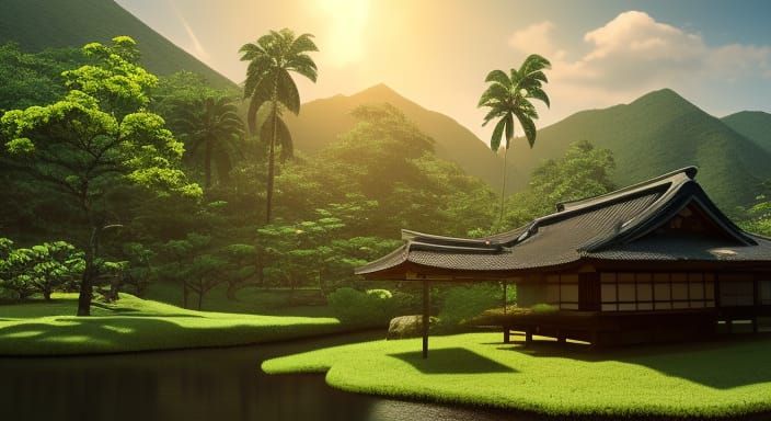 Old japanese architecture hut near Japanese volcano and small water pond, surrounded by farm fields and palm trees, blue...