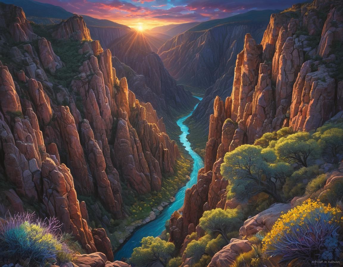 Iridescent Black Canyon Sunset: Dreamy Oil Painting