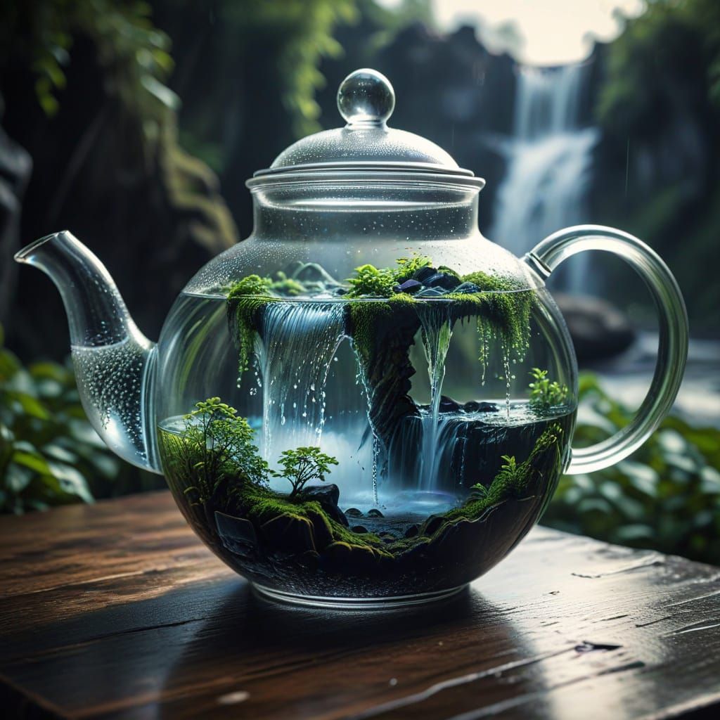 Glass Teapot Containing a Hyperrealistic Waterfall Landscape