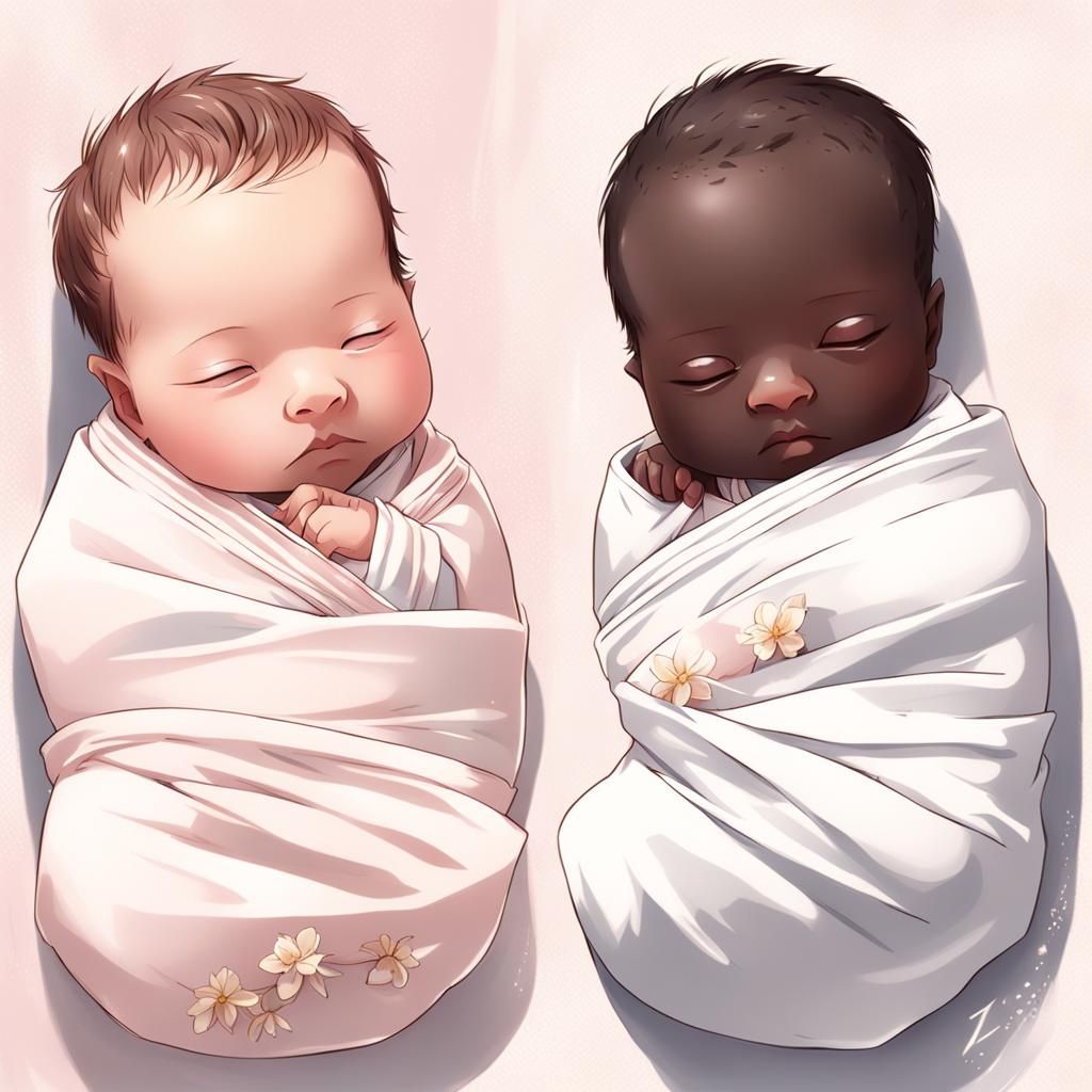 Anime Style Newborn Twins: Dark and Pale Skin