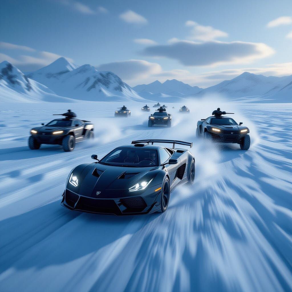 High-Speed Car Chase on Frozen Landscape in Cinematic Style